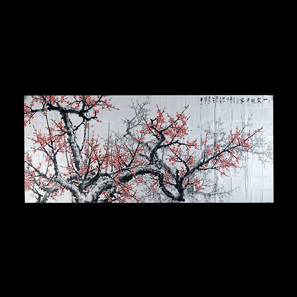After Guan Shanyue (1912-2000): Prunus: After Guan Shanyue (1912-2000): Prunus Ink and color on paper, the upper right inscribed and signed 'Guan Shanyue' with five seals, unmounted. {142 3/4 x 57 inches (363 x 145 cm)} [Foldings, stains, c