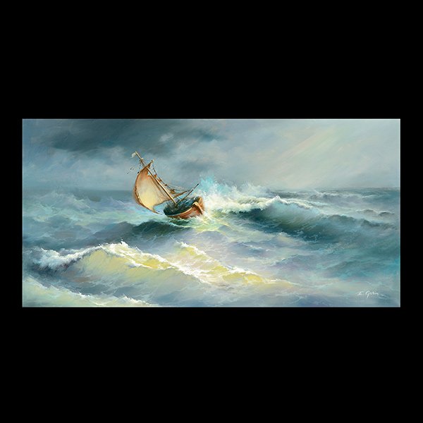 EUGENE GARIN Sailboat in Stormy Seas Oil on canvas: EUGENE GARIN (Russian/American 1922-1994) "Sailboat in Stormy Seas" Oil on canvas. 24 x 47 inches. Frame: 32 x 55 inches. Signed l/r. CONDITION: Overall the painting is in good condition with an excep