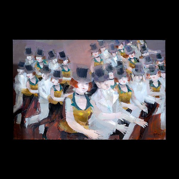 RUTH GIKOW Broadway Melody Large Oil on canvas: RUTH LEVINE GIKOW (Ukraine born/lived US 1915 - 1982) "Broadway Melody" 1976 Oil on canvas. 40 x 60 inches. Frame: 42 x 62 inches. [minor loss lower right and areas of loss in center - contact dept fo