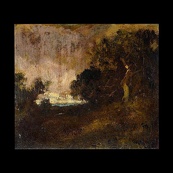 WILLIAM KEITH California Landscape Oil on canvas: WILLIAM KEITH (Scottish born California 1838-1911) "California Landscape" Oil on canvas laid on board. 7 1/2 x 9 inches. Frame:12 x 13 1/2 inches. Signed l/r. [fair condition, tack margins trimmed and