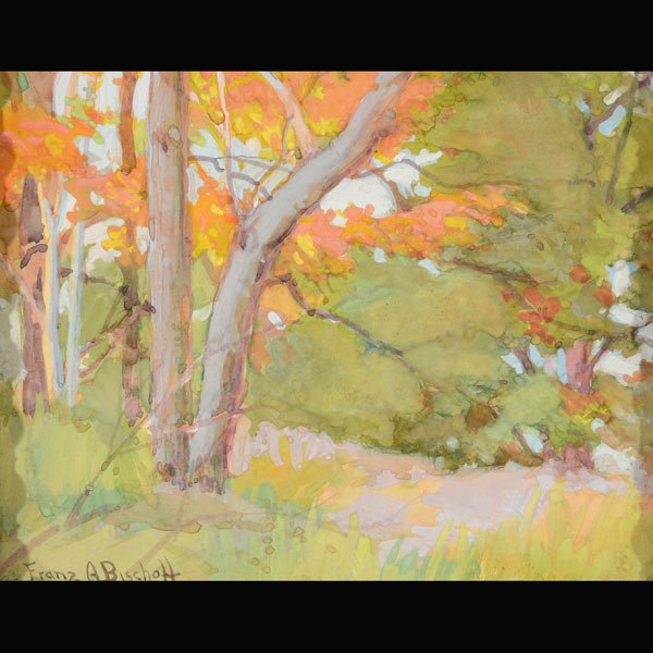 FRANZ BISCHOFF Autumn Landscape Gouache on paper: FRANZ ARTHUR BISCHOFF (Californian 1864-1929) "Autumn Woods" Gouache on paper. Sight: 6 3/4 inches x 8 1/2 inches. Frame: Signed l/l.