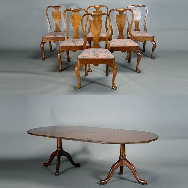 Georgian Style Oval Double Pedestal Dining Table and: Georgian Style Oval Double Pedestal Dining Table and Six Associated Georgian Style Dining Chairs with Vase Form Back Splats, the table including one leaf for extension {Dimensions of table 28 1/2 x 67