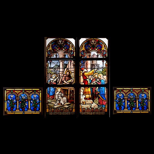 Massive Pair of Art Nouveau Stained Glass Panels from: Massive Pair of Art Nouveau Stained Glass Panels from Life of Christ, Each sectional arch form panel depicting a scene from the Life of Christ, both enclosed in an elaborate architectural niche formed