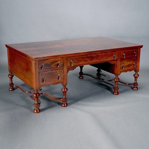 Edwardian Flame Mahogany Partner's Desk: Edwardian Flame Mahogany Partner's Desk, with inlay, in the Jacobean taste {Dimensions 28 1/2 x 72 1/4 x 42 inches}