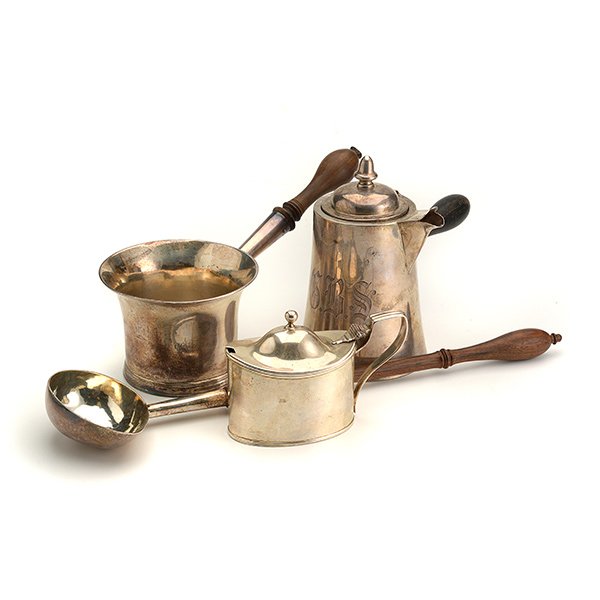 Collection of Sterling and English Silver Table: Collection of Sterling and English Silver Table Articles: Comprising a John Bellis sterling chocolate pot with wooden handle, monogrammed GRS {height 5 1/4 inches}; and three pieces of English silver 