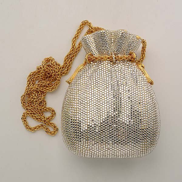 Judith Leiber Minaudiere with Accessories: Judith Leiber Minaudiere Ensuite with Mirror, Comb, Coin Purse, and Duster Bag {Dimensions 5 1/2 x 4 1/2 x 2 1/2 inches; length of chain 22 inches}