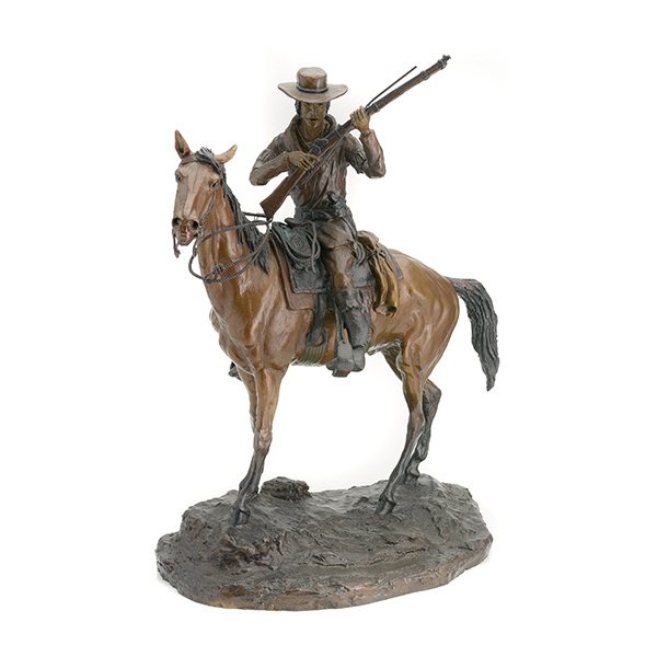 Earl E. Heikka, Bronze Figural Group: Earl E. Heikka (Montana 1910-1941) Bronze Figural Group of Cowboy and Horse, "Frontiersman", inscribed JHM Classic Bronze GR Robinson 1975 EE Heikka 1938 {Height 14 1/2 inches, width 11 1/2 inches} [l