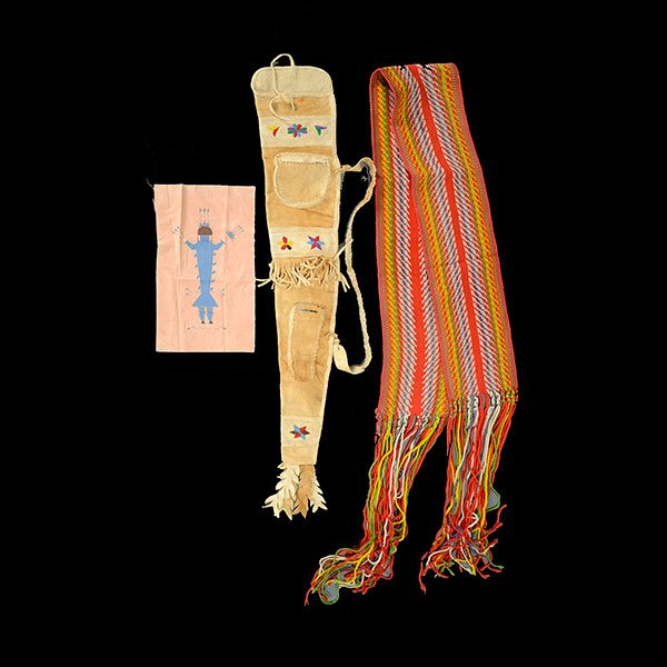Three Native American Items: Three Native American Items: Comprising a hide embroidered rifle pouch {length 49 inches}; a painted panel with a Wei Figure, and an Assumption scarf {length without fringe 86 inches}