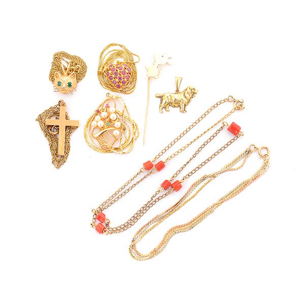 *Collection of Cultured Pearl, Coral, Emerald, Ruby,: *Collection of Cultured Pearl, Coral, Emerald, Ruby, Yellow Gold Jewelry. Including one 14k yellow gold dog pendant; one 14k yellow gold rat stickpin; one emerald, 14k yellow gold cat pendant-necklace