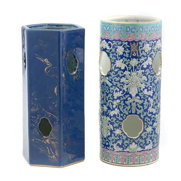 Two Porcelain Hat Stands, 19th Century: Two Porcelain Hat Stands The first is a cylindrical form stand decorated in the famille rose palette to feature bats, lotus and other auspicious symbols, Tongzhi mark; the second is a hexagonal form s