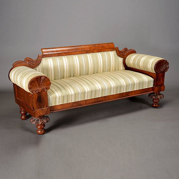 Empire Style Mahogany Sofa: Empire Style Mahogany Sofa, with striped upholstery {Dimensions 33 x 75 x 25 inches}