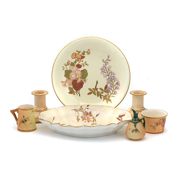 Group of Royal Worcester Porcelains: Group of Seven Royal Worcester Porcelains: Comprising a pair of candlesticks, plate {diameter 9 1/4 inches} and ruffle rimmed dish decorated by flowers, a barrel form creamer and sugar, and a miniatur