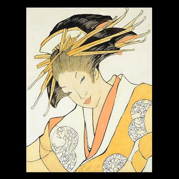Bertha Lum "Geisha" Hand Colored Print: Bertha Lum (Californian 1869-1954) "Geisha" Mixed media on paper. 15 1/4 x 11 1/2 inches. Signed in pencil.