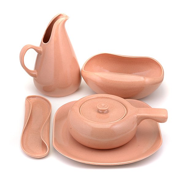 Russel Wright Steubenville Dishes W/ Tablecloth by R.W.: Russel Wright American Modern Steubenville "Coral" Dishes With A Simtex Tablecloth Designed By Russel Wright. Eight Dinner Plates; Eight Salad Plates; Six Cups & Saucers; Two Cups; Nine Bowles; Seven