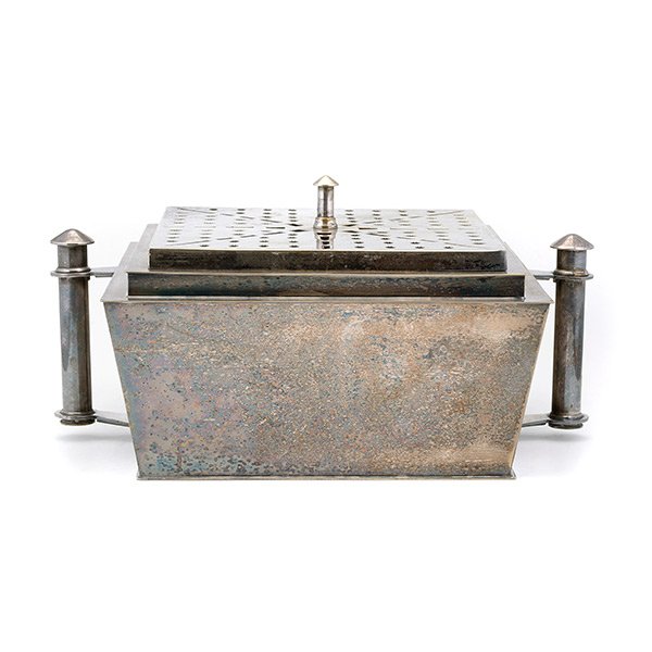 Apollo Studios Silverplated Skyscraper Brazier.: Apollo Studios Silverplated Skyscraper Brazier. Length 13 inches, Width, 9 inches, Height 6 1/2 inches.