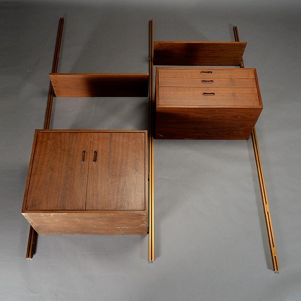 Omni Shelving Unit Designed By George Nelson.: Omni Shelving Unit Designed By George Nelson With Three Uprights. Omni unit has four drawers and seven shelves. The three uprights contain galvanized aluminum copper colored shelving. Top: Length 41 i