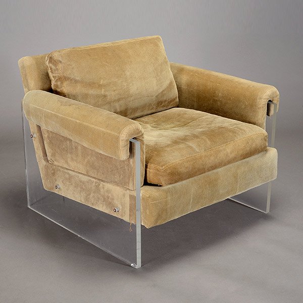 Milo Boughman Chair With Lucite Arms.: Milo Baughman Chair With Lucite Sides Forming Arms. Length 30 inches, Width 31 inches, Height 27 inches.