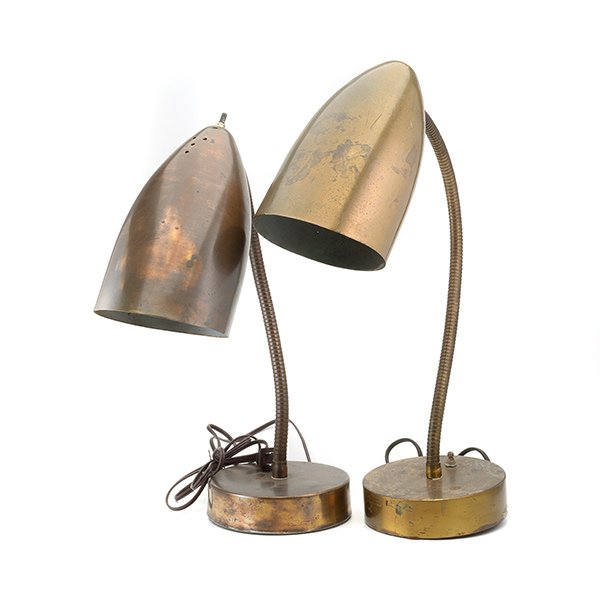 Pair Of Modernist American Brass Gooseneck Lamps.: Pair Of Modernist American Brass Gooseneck Lamps. In the manner of Greta Grossman. Diameter of shades 5 1/2 inches, Height 25 inches.