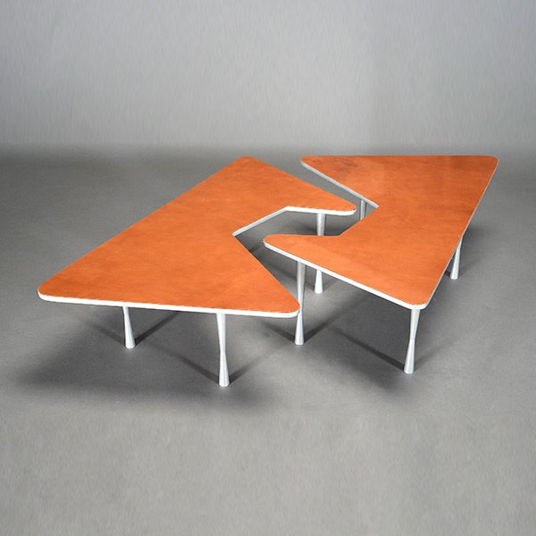 Pair Mod Free-form Nesting Tables.: Pair Of Modernist American Free-form Nesting Tables In Milled Aluminum And Leather. Length 36 inches, Width 22 inches, Height 12 inches.