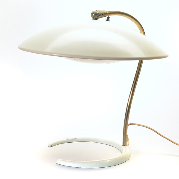 Gerald Thurston for "Lightolier", Crescent Base Lamp: Gerald Thurston for "Lightolier", Crescent Base Table Lamp. Modern Eames Era c. 1950's Height 17 inches, Shade Diameter 15 inches.