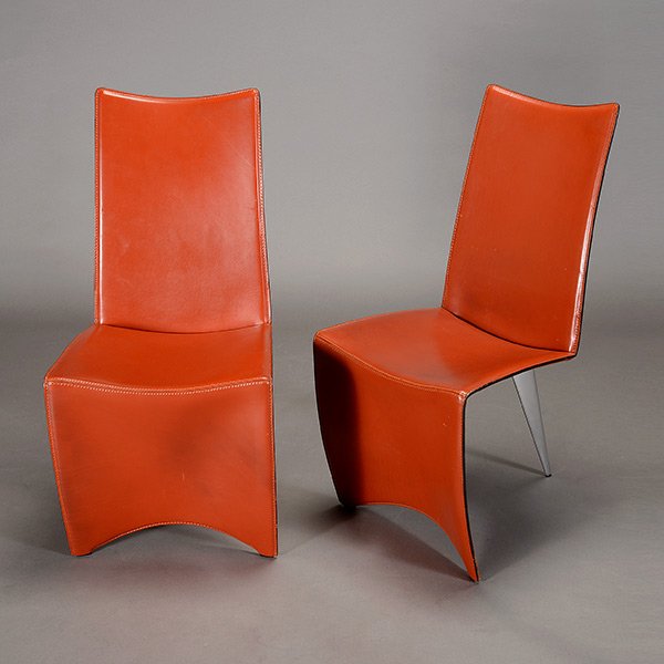 Pair Of Philippe Starck "Ed Archer" Chairs.: Pair Of Philippe Starck For Driade "Ed Archer" Chairs. Russian red-brown leather seats, polished cast aluminum rear leg, impressed mark "Aleph". c. 1987 Width 18 1/2 inches, Height 41 inches.
