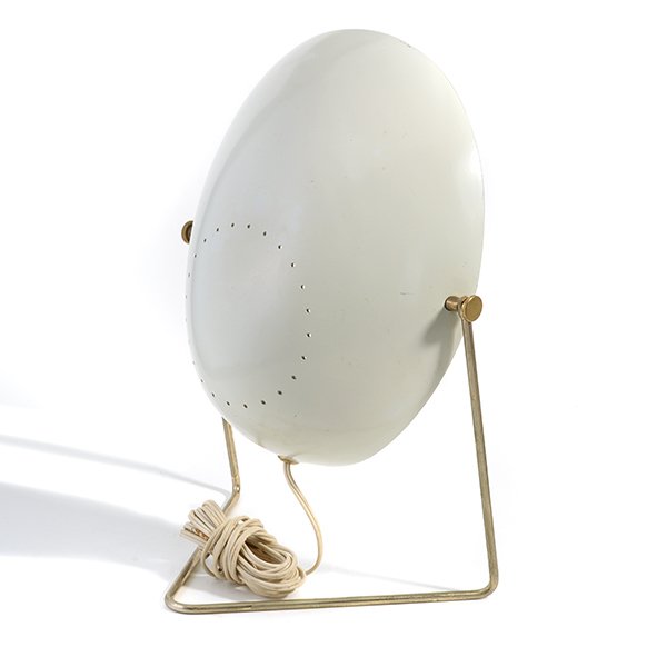 Gerald Thurston For Lightolier "Cricket" Table Lamp.: Gerald Thurston For Lightolier White "Cricket" Table Lamp. White plastic shade & chrome-plated brass tube frame. c. 1950s. Width 11 inches, Depth 12 inches, Height 9 inches.