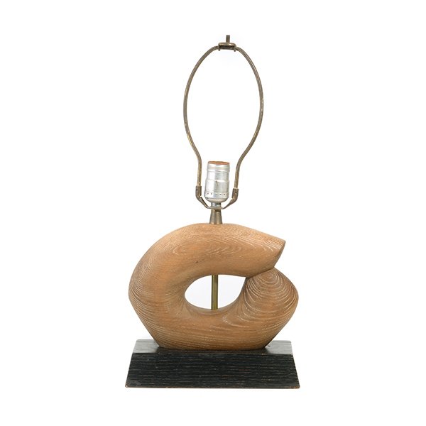 '50s Lamp Heifetz Style.: Heifetz Style '50s Lamp. Features carved wood body, Henry Moore shape on ebonized wood base and original shade. Height 21 1/2 inches, Shade Diameter 10 inches.