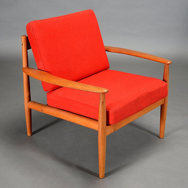 Danish Side Chair, Designed By Grete Jalk.: Danish Side Chair, Designed By Grete Jalk. For France and Sons, with red upholstered cushions. Height 28 inches, Width 31 inches, Depth 33 inches.