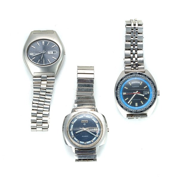 Trio of S/S Wristwatches, Includ. Elgin, Seiko &: Trio Of Stainless Steel Wristwatches, Including Elgin, Seiko And Clinton.