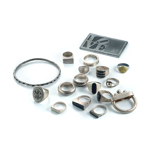 16 Pieces Modernist Jewelry, Includ. R. Indiana Love: Group Of Sixteen Pieces Of Modernist Jewelry Including Robert Indiana Love Belt Buckle.