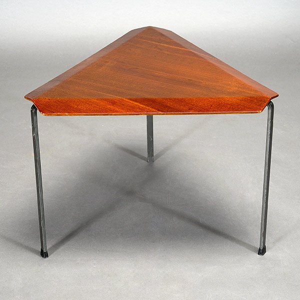 Raymor Triangular Bentwood Table.: Raymor Triangular Bentwood Table. Eames Era. Length 21 inches, Width 21 inches, Height 12 inches.