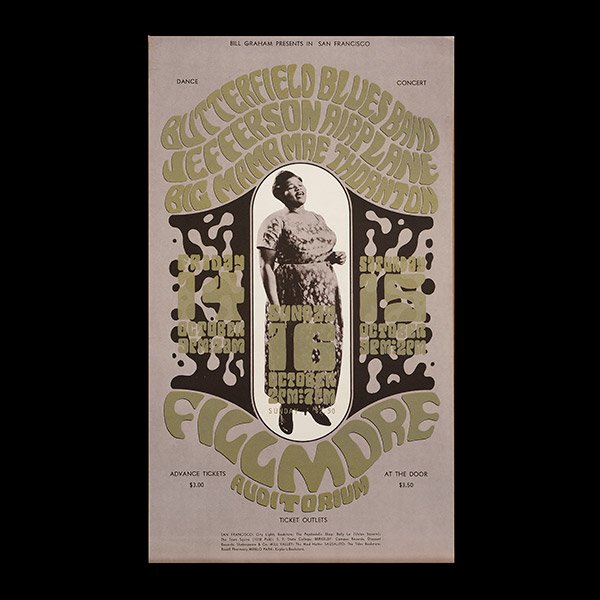 Butterfield Blues Band W/ The Jefferson Airplane & Big: Butterfield Blues Band With The Jefferson Airplane And Big Mama Thornton At The Fillmore Poster/Wes Wilson. Length 21 1/2 inches, Width 13 1/2 inches.