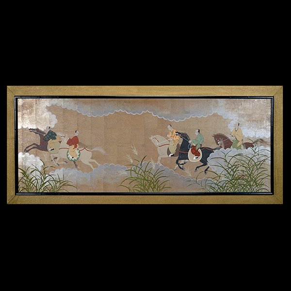 Robert Crowder (1911-2010): Five Horsemen, Circa 1958: Robert Crowder (1911-2010): Five Horsemen Ink and color on paper, painted in the style of a Japanese folding screen, the lower right signed 'Robert Crowder,' framed. Circa 1958 {95 3/4 x 35 inches (24