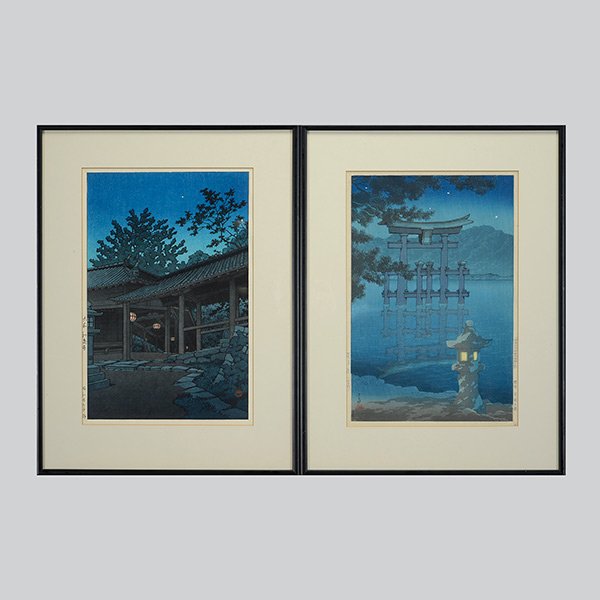 Kawase Hasui (1883-1957): Two Woodcuts: Kawase Hasui (1883-1957): Two Woodcuts a) Starry Night at Miyajima Shrine, oban, titled, Watanabe publisher's mark, signed with one seal to the lower left, framed and glazed;b) Hatsuse Temple, Yamato 