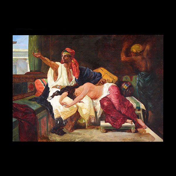 Orientalist Painting, Oil on Canvas, After HOVSEP: After HOVSEP PUSHMAN (American 1877-1966) "Figures - Interior Scene" Oil on canvas. 36 x 27 inches. Frame 53 x 47 inches. Bear signature l/r.