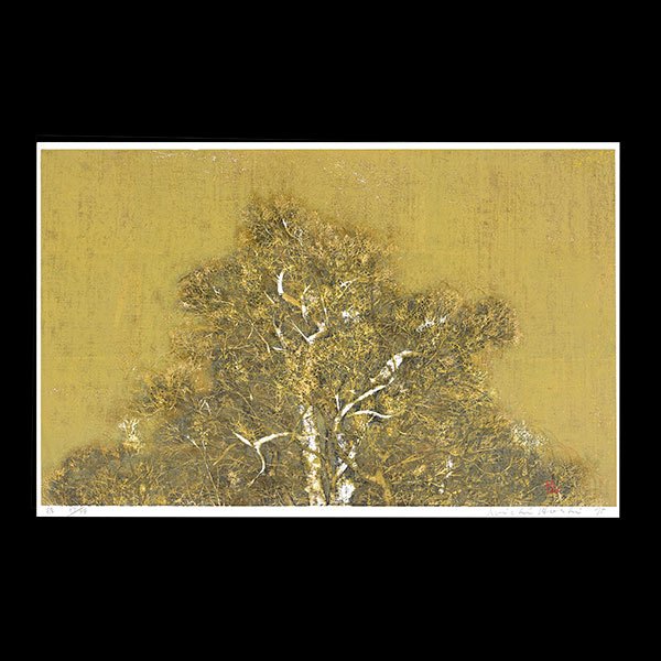 JOICHI HOSHI "Ancient Tree" Woodblock: JOICHI HOSHI (Japanese 1913-1979) "Ancient Tree" Woodblock with gold leaf. Plate: 26 x 1/2 x 16 1/2 inches. Signed and dated in pencil l/r "1975" and numbered l/l "85/95". NOTES: In original frame wit