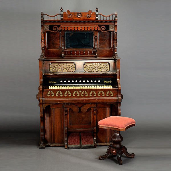Victorian Gothic Revival Waterloo Organ: Victorian Gothic Revival Waterloo Organ with Etagere Top and Stool {Dimensions of organ 73 1/2 x 43 1/2 x 23 inches}