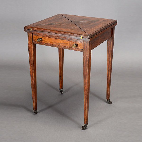 Victorian Rosewood Inlaid Handkerchief Card Table: Victorian Rosewood Inlaid Handkerchief Card Table {Dimensions closed 29 3/4 x 21 1/2 x 21 1/2 inches; open 29 3/4 x 30 1/4 x 30 1/4 inches}