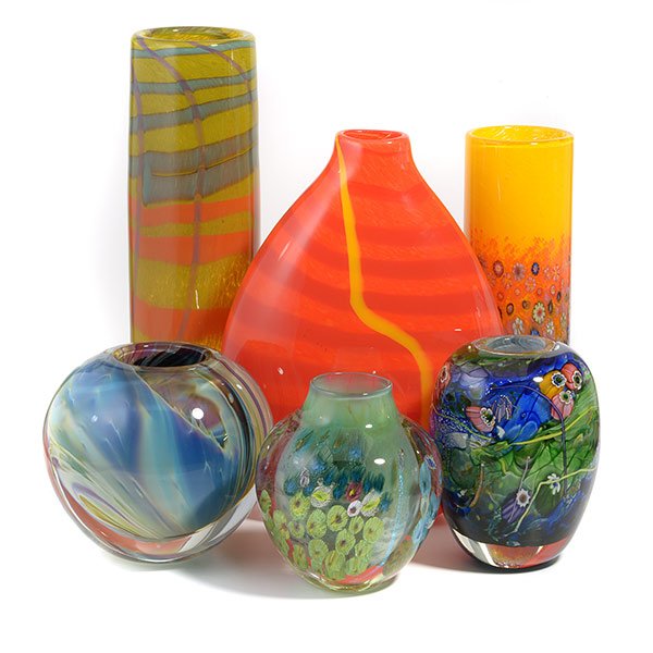 Group of Six Art Glass Vases by Josh Simpson and others: Group of Six Modern Studio Art Glass Vases: Comprising two Josh Simpson vases, including a vase dated 12-3-13, and an Inhabited series vase dated 8-8-13; a multilayer cased glass vase, signed; a bulbo