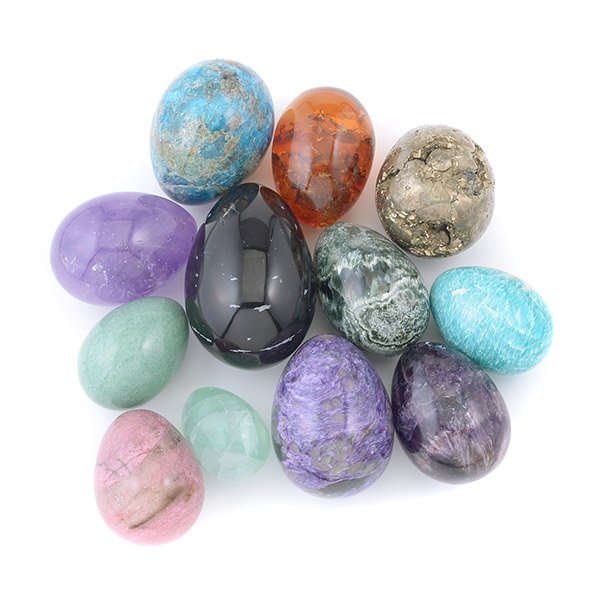 Collection of 57 Gemstone, Rock, and Mineral Egg: Collection of Fifty-Seven Gemstone, Rock, and Mineral Egg Specimen {Length of largest 3 1/4 inches}