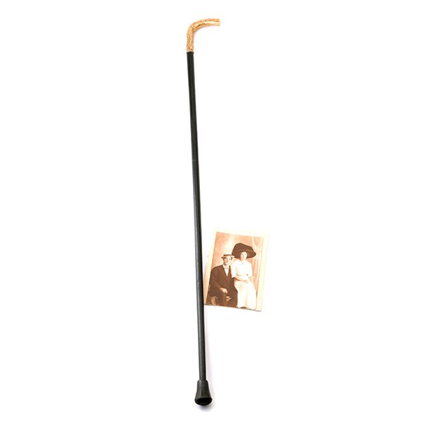 San Francisco Gold Rush Gold Handled Cane: Vintage San Francisco Gold Rush Gold Handled Cane, inscribed "Pres. to J.M. Walte by the Boys on "Nob Hill"", with a photograph of James Lucian Drake and Wife {Length of cane 34 3/4 inches}