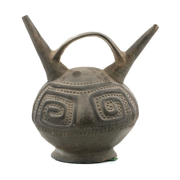 Chavin Mouloed Bridge Spout Vessel: Chavin Mouloed Bridge Spout Vessel, with spear motif and linear dipplings, circa 1400-400 BC {Height 8 1/2 inches}