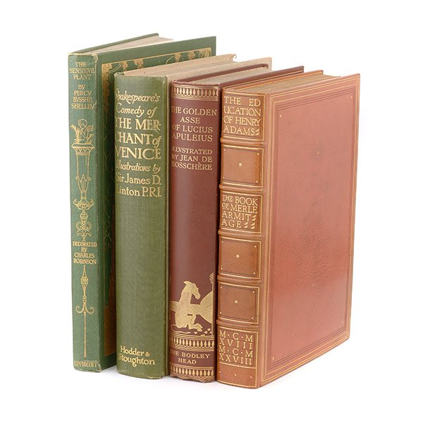Lot of Four Early edition Classic Novels Including Fine: Lot of Four LIMITED EDITIONS including Shakespeare's The Merchant of Venice; The Sensitive Plant illustrated by Charles Robinson; Education of Henry Adams; Golden Asse of Lucius Apuleius. The Sensitiv