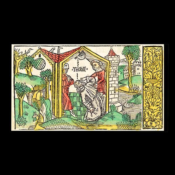 Hand-colored Woodcut from Illuminated Manuscript out of: Johan Otmar Augsburg Hand-colored woodcut from illuminated manuscript. From the 13th German Bible. 1507 Hand-colored Woodcut depicting a scene of Christ with two figures; colored in yellow, red and gr