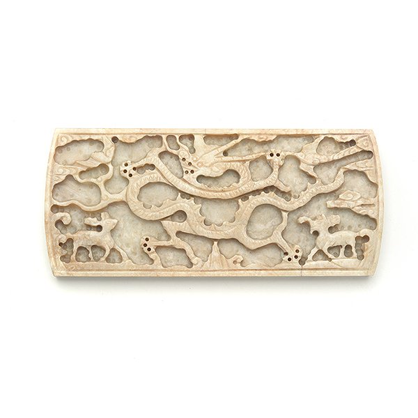 A Jade 'Dragon' Plaque, Yuan/Ming Dynasty: A Jade 'Dragon' Plaque Deeply carved with a writhing dragon flanked by a deer, bat, bird and mythical beast, all reserved on a scrolling cloud ground, the stone of a calcified tone. Yuan/Ming Dynasty 