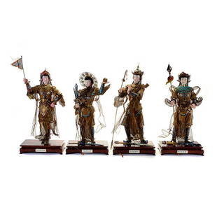 A Set of Four Gilt-Silver Filigree and Enameled Female: A Set of Four Gilt-Silver Filigree and Enameled Female Warriors Depicting Sun Guanniang (Jin Dynasty), Hua Mulan (Sui Dynasty), Mu Guiying (Northern Song Dynasty), and Liang Hongyu (Southern Song Dyna