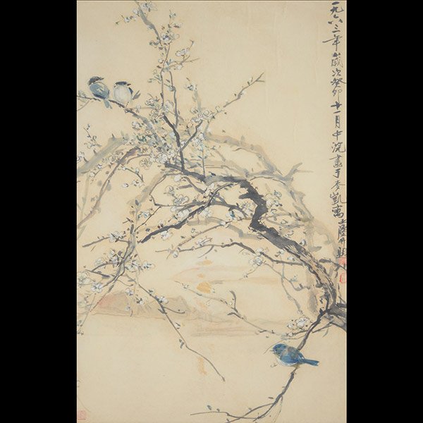 Wang Yachen (1894-1983): Birds and Prunus: Wang Yachen (1894-1983): Birds and Prunus Ink and color on paper, the upper right inscribed, dated 1963, signed ëYachení with three seals, framed and glazed. 36 x 23 1/4 inches (91.5 x 59 cm) Proven