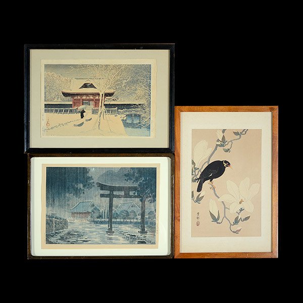 Six Japanese Woodblock Prints: Six Japanese Woodblock Prints a) Kawase Hasui (1883-1957): Futatsu Hall, oban, titled and dated November 1929, signed Hasui and sealed Kawase, published by Sakai-Kawaguchi (N Ks-8), unmounted;b) Kawas