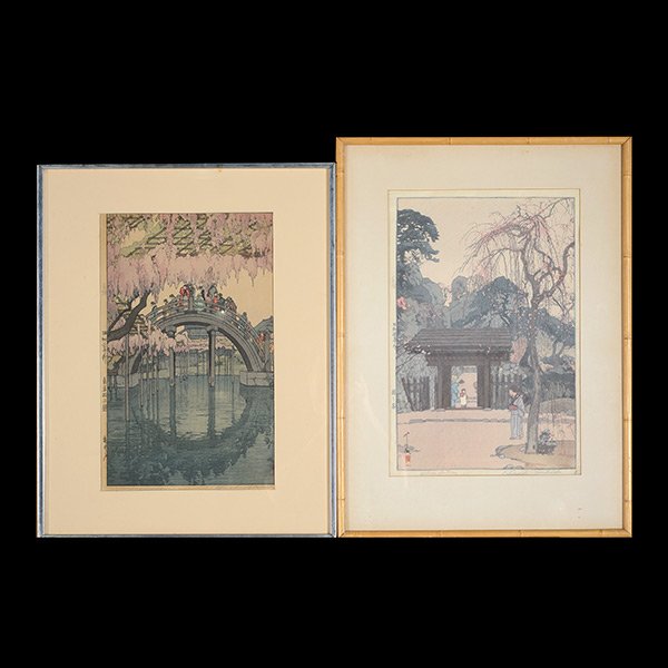 Hiroshi Yoshida (1876-1950): Two Woodblocks: Hiroshi Yoshida (1876-1950): Two Woodblocks a) Kameido Bridge, oban, titled and dated 1927, signed Yoshida and sealed Hiroshi and Jizuri, framed and glazed;b) Plum Gateway, oban, titled and dated 1935