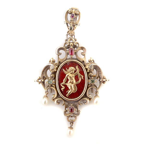 Austro-Hungarian Enamel, Multi-Stone, Pearl, Silver,: Austro-Hungarian Enamel, Multi-Stone, Pearl, Silver, 14k Yellow Gold Locket Pendant. Centering a gold winged cherub a top a red sunburst enamel oval plate, accented by three rectangular-cut spinel, tw